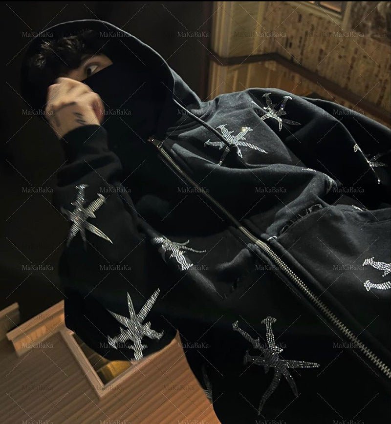 Rhinestone Gothic Streetwear Hoodie - THREADLIGHT