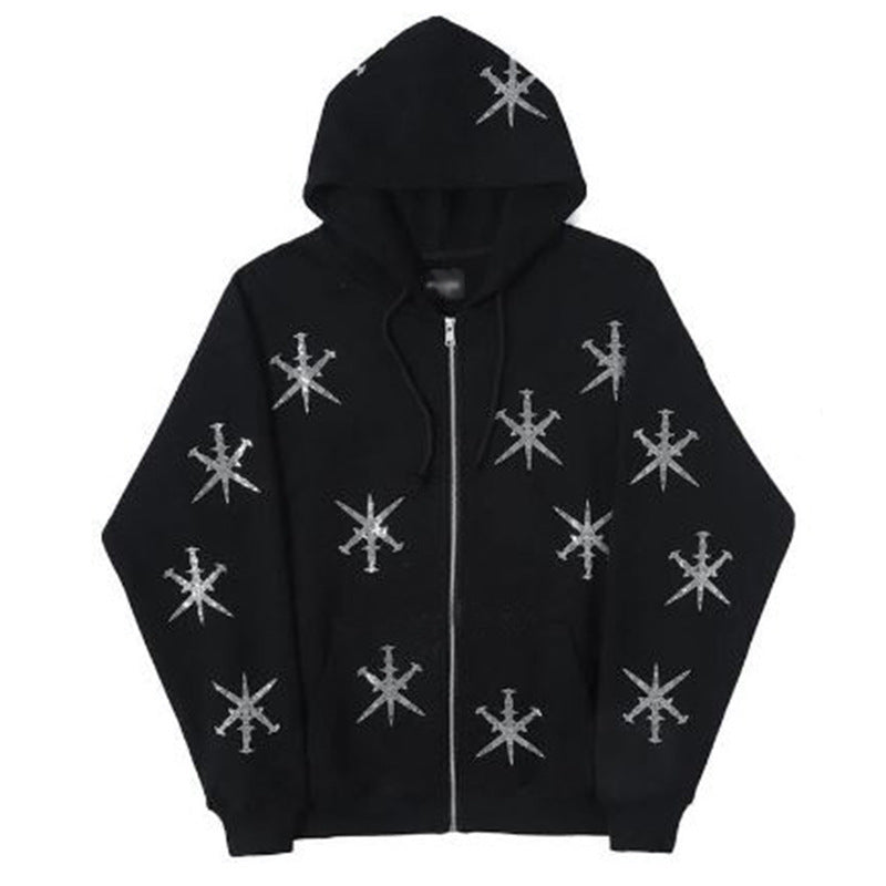 Rhinestone Gothic Streetwear Hoodie - THREADLIGHT
