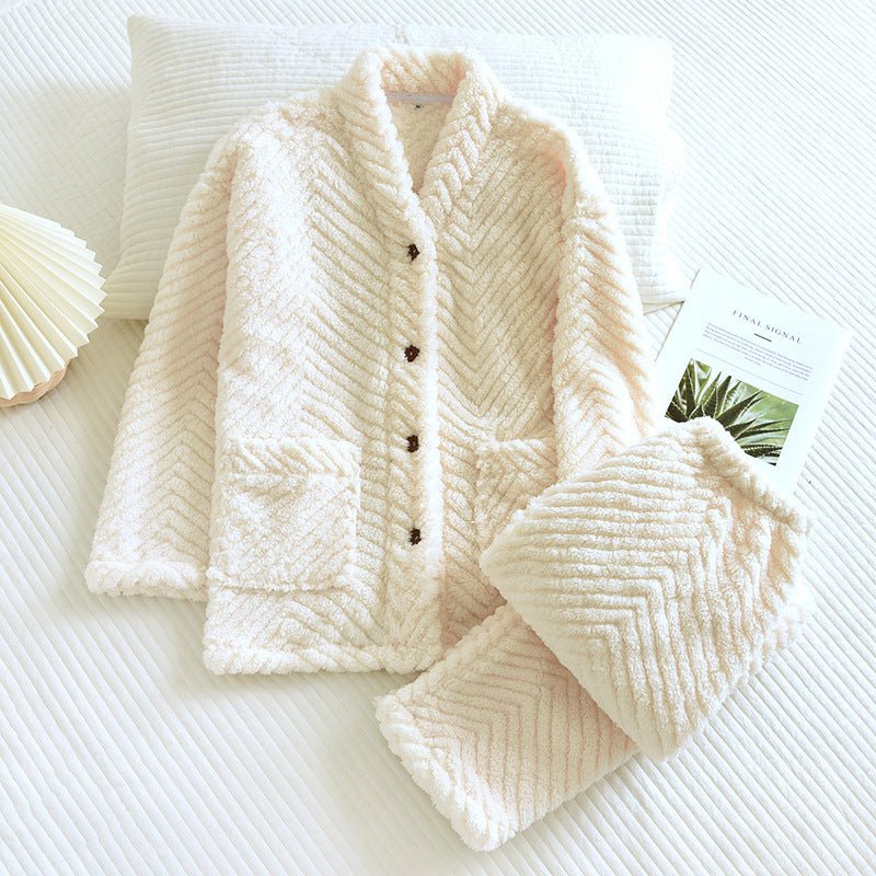 Round Neck Flannel Thickened Loungewear Set - THREADLIGHT