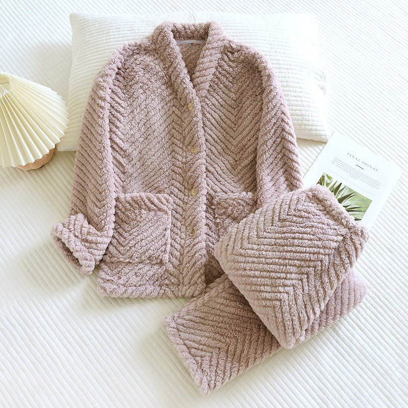Round Neck Flannel Thickened Loungewear Set - THREADLIGHT
