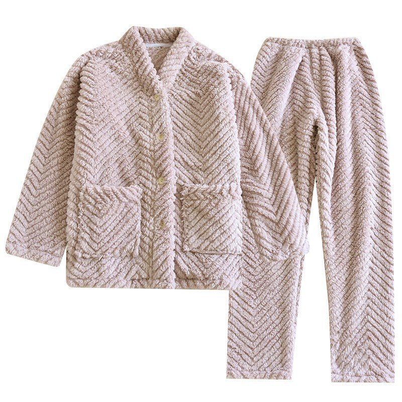 Round Neck Flannel Thickened Loungewear Set - THREADLIGHT