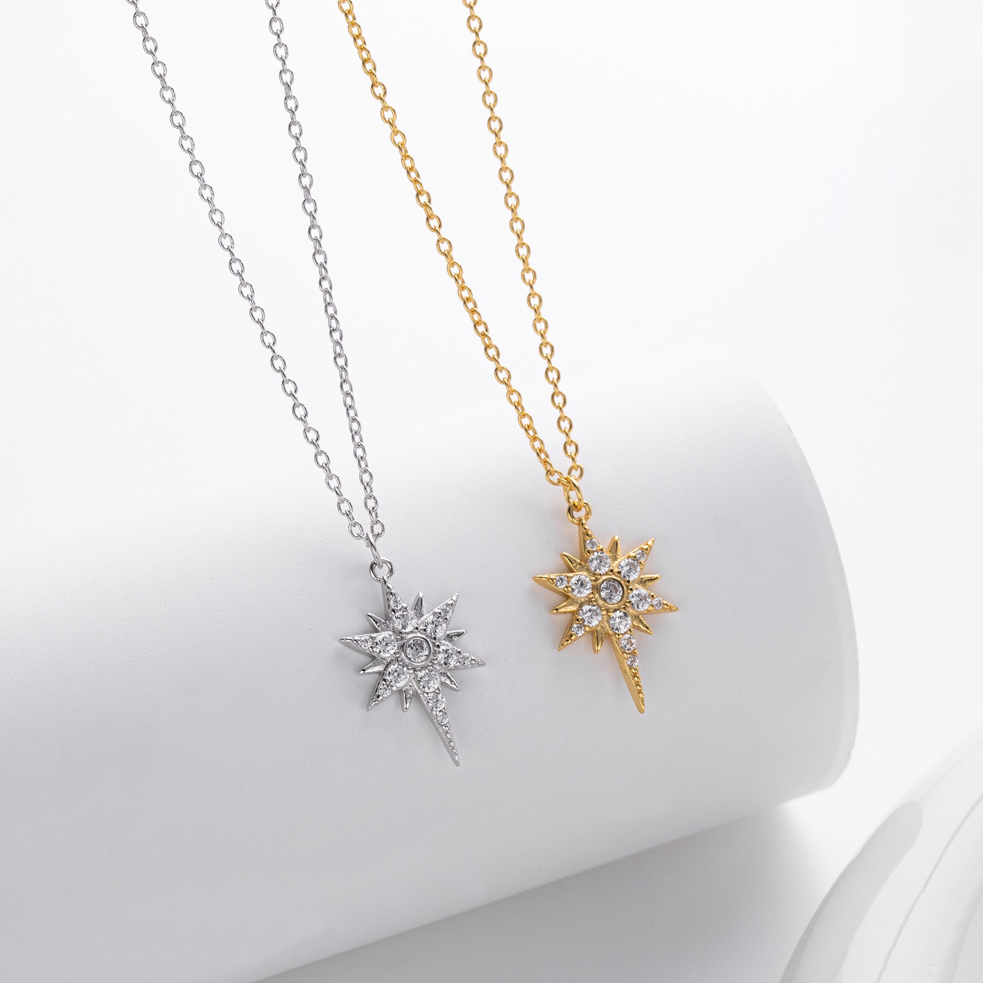 S925 Sterling Silver Inlaid Stone Eight - pointed Stars Pendant Necklace - THREADLIGHT