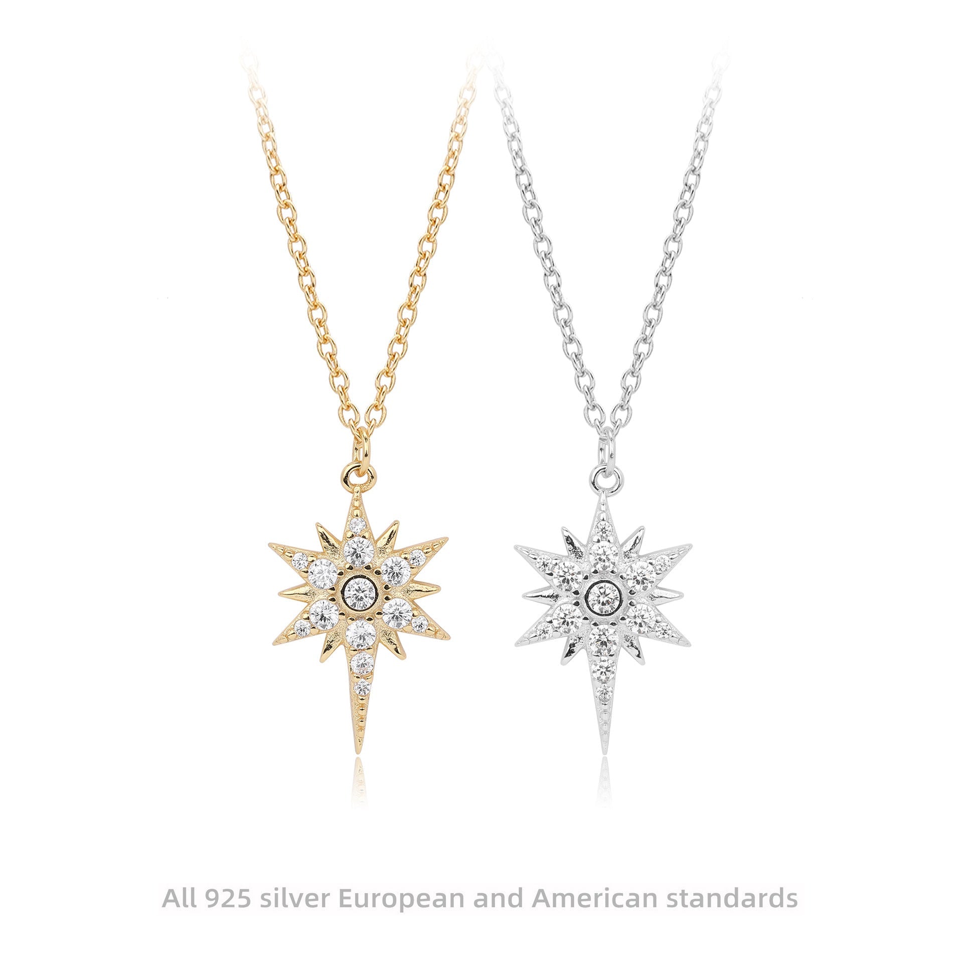 S925 Sterling Silver Inlaid Stone Eight - pointed Stars Pendant Necklace - THREADLIGHT
