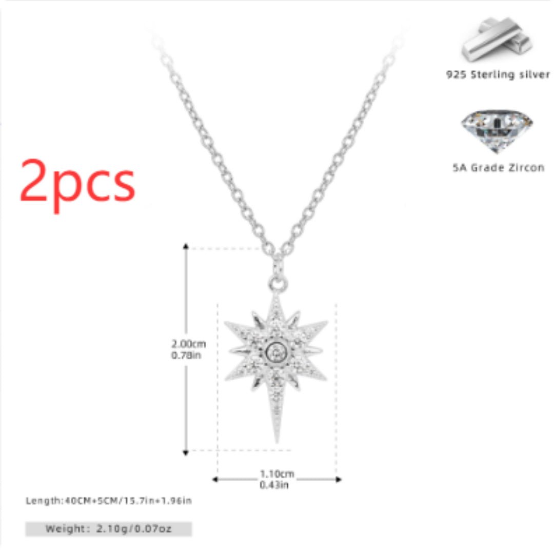 S925 Sterling Silver Inlaid Stone Eight - pointed Stars Pendant Necklace - THREADLIGHT