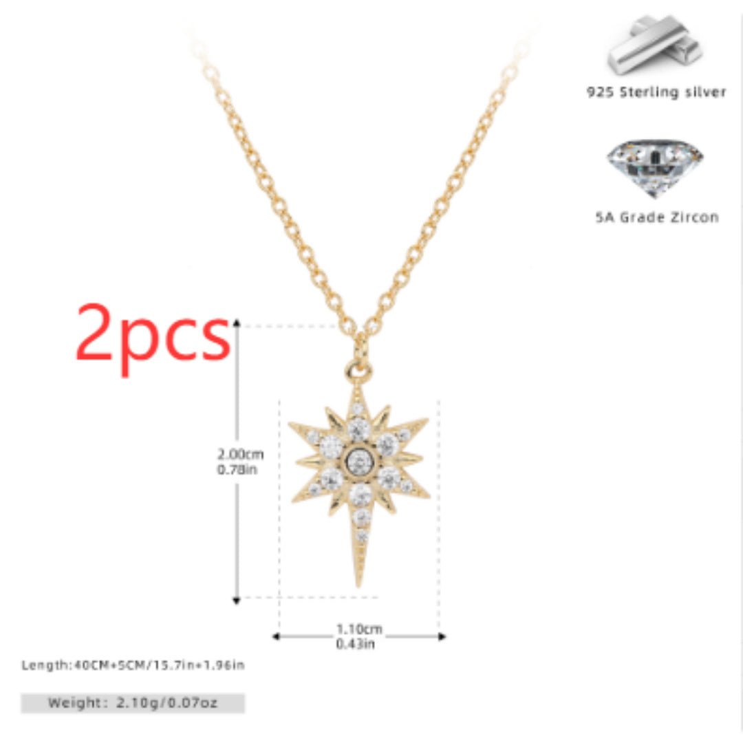 S925 Sterling Silver Inlaid Stone Eight - pointed Stars Pendant Necklace - THREADLIGHT