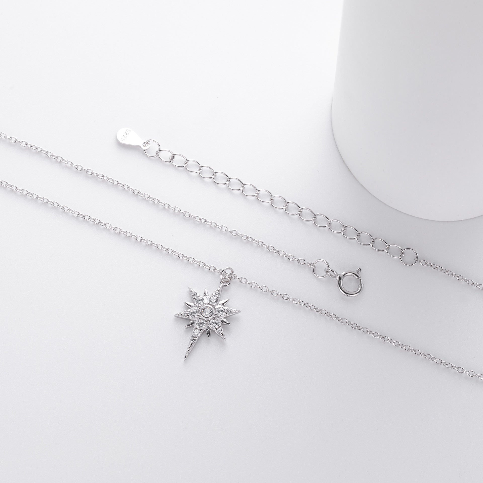 S925 Sterling Silver Inlaid Stone Eight - pointed Stars Pendant Necklace - THREADLIGHT