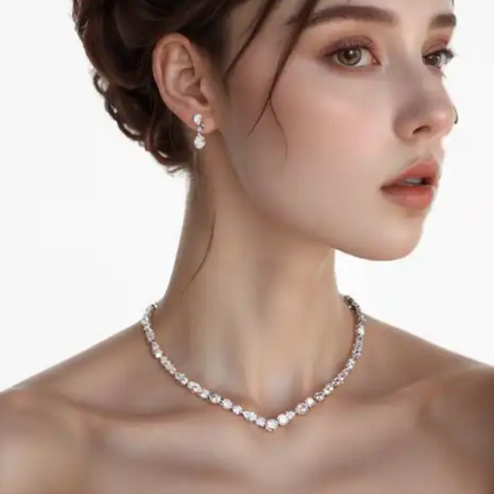 Simple Full Rhinestone Zircon Necklace And Earrings Suite - THREADLIGHT