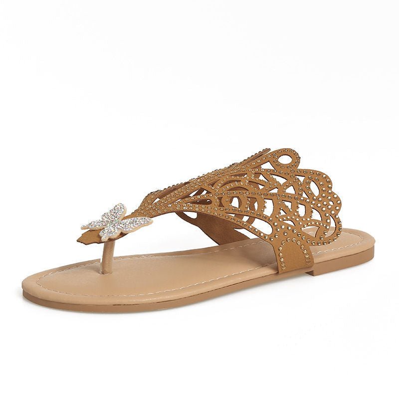 Slip - on Flip - toe Sandals Women's Rhinestone Hollow Flat - heeled Slippers - THREADLIGHT