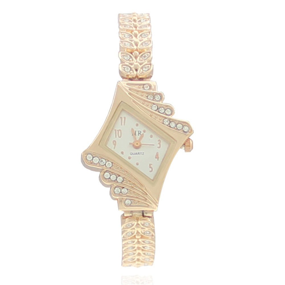 Stone Paved Wheat Shaped Metal Wristwatch for Women Rose Golden Color - THREADLIGHT