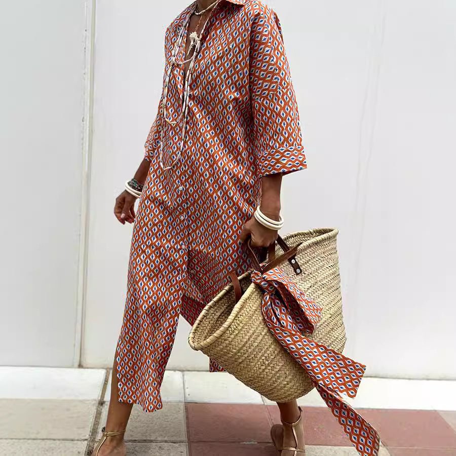 Striped Shirt Dress With Belt Fashion Half - sleeved Lapel Button Cardigan Dresses Women's Clothing - THREADLIGHT