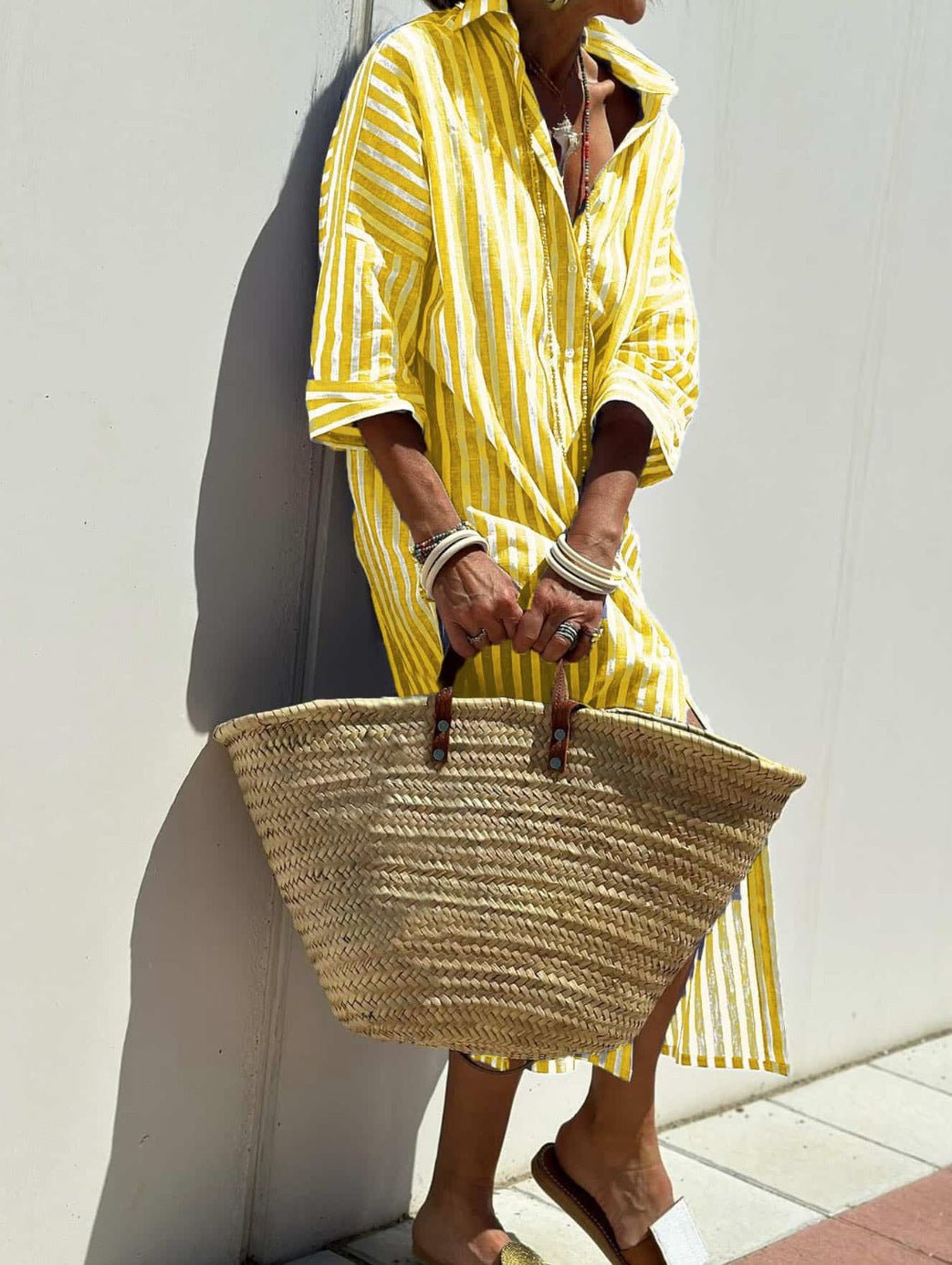 Striped Shirt Dress With Belt Fashion Half - sleeved Lapel Button Cardigan Dresses Women's Clothing - THREADLIGHT