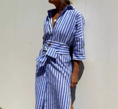 Striped Shirt Dress With Belt Fashion Half - sleeved Lapel Button Cardigan Dresses Women's Clothing - THREADLIGHT