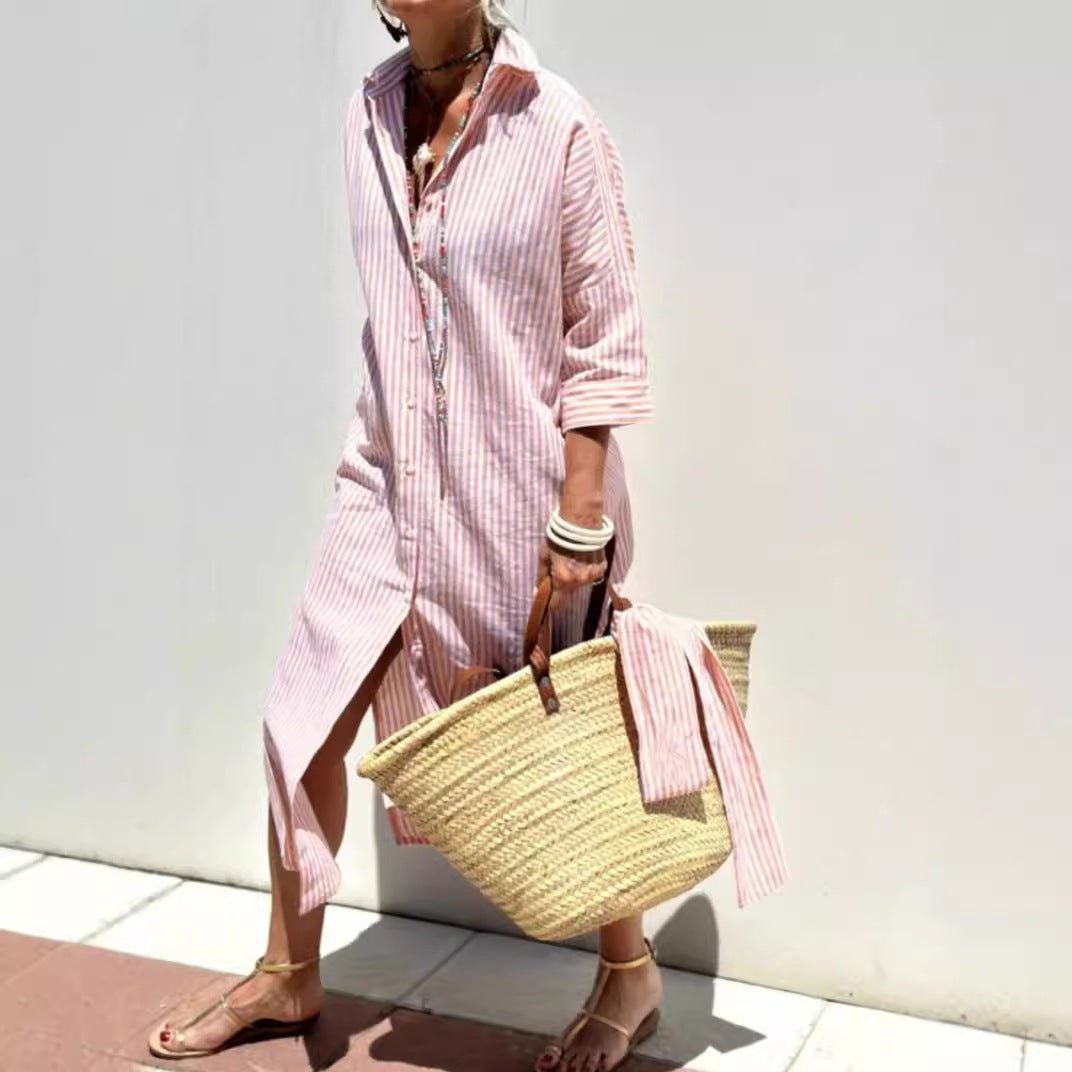 Striped Shirt Dress With Belt Fashion Half - sleeved Lapel Button Cardigan Dresses Women's Clothing - THREADLIGHT