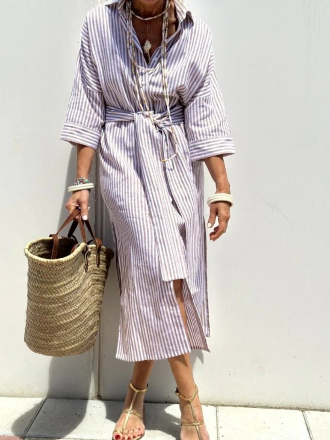 Striped Shirt Dress With Belt Fashion Half - sleeved Lapel Button Cardigan Dresses Women's Clothing - THREADLIGHT