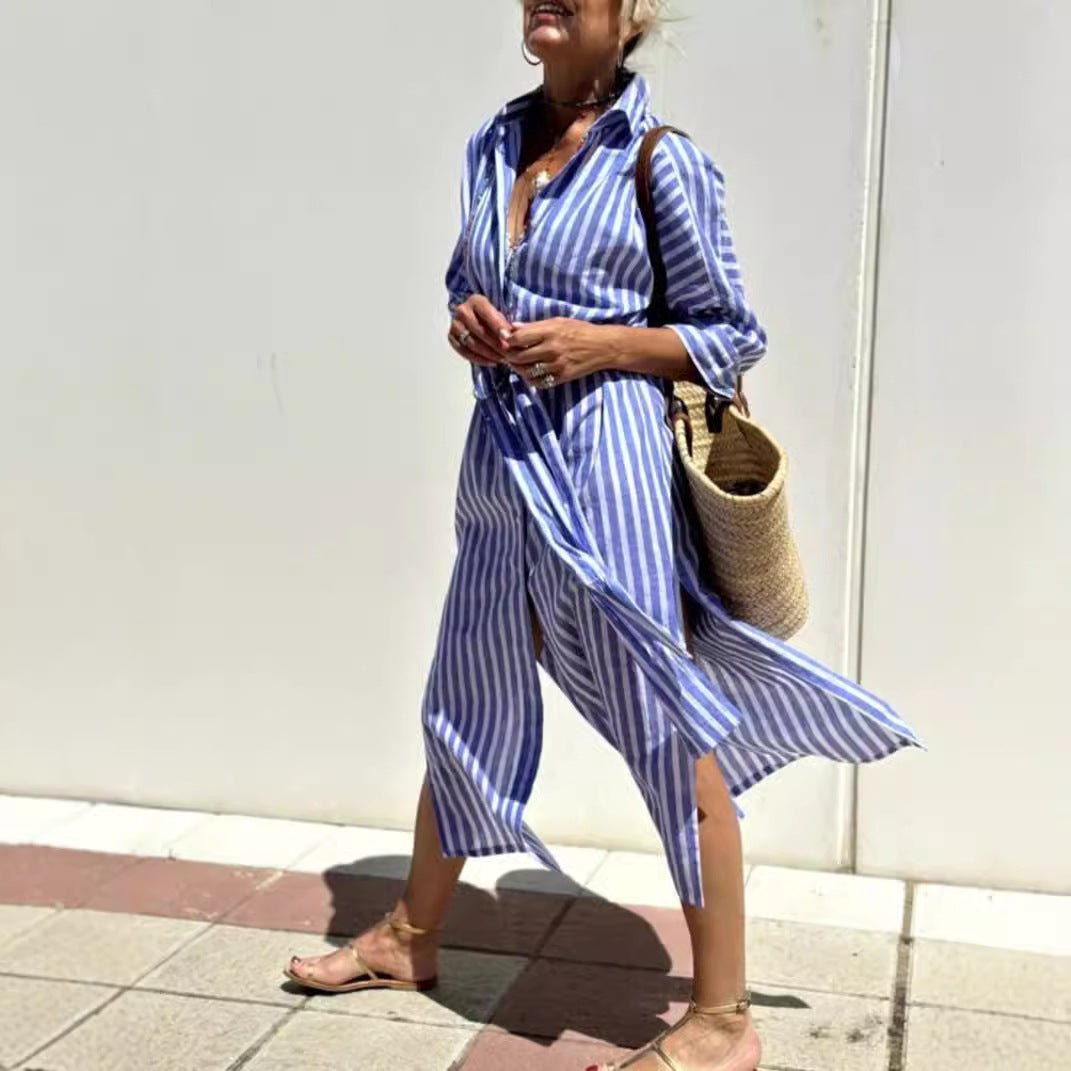 Striped Shirt Dress With Belt Fashion Half - sleeved Lapel Button Cardigan Dresses Women's Clothing - THREADLIGHT