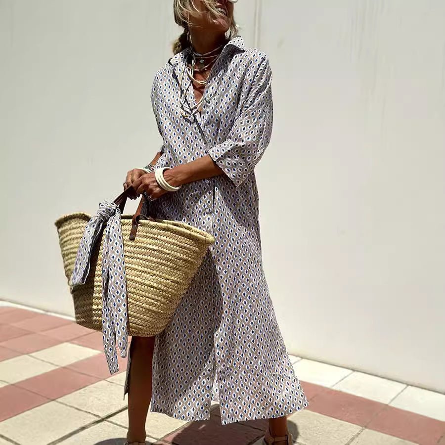 Striped Shirt Dress With Belt Fashion Half - sleeved Lapel Button Cardigan Dresses Women's Clothing - THREADLIGHT