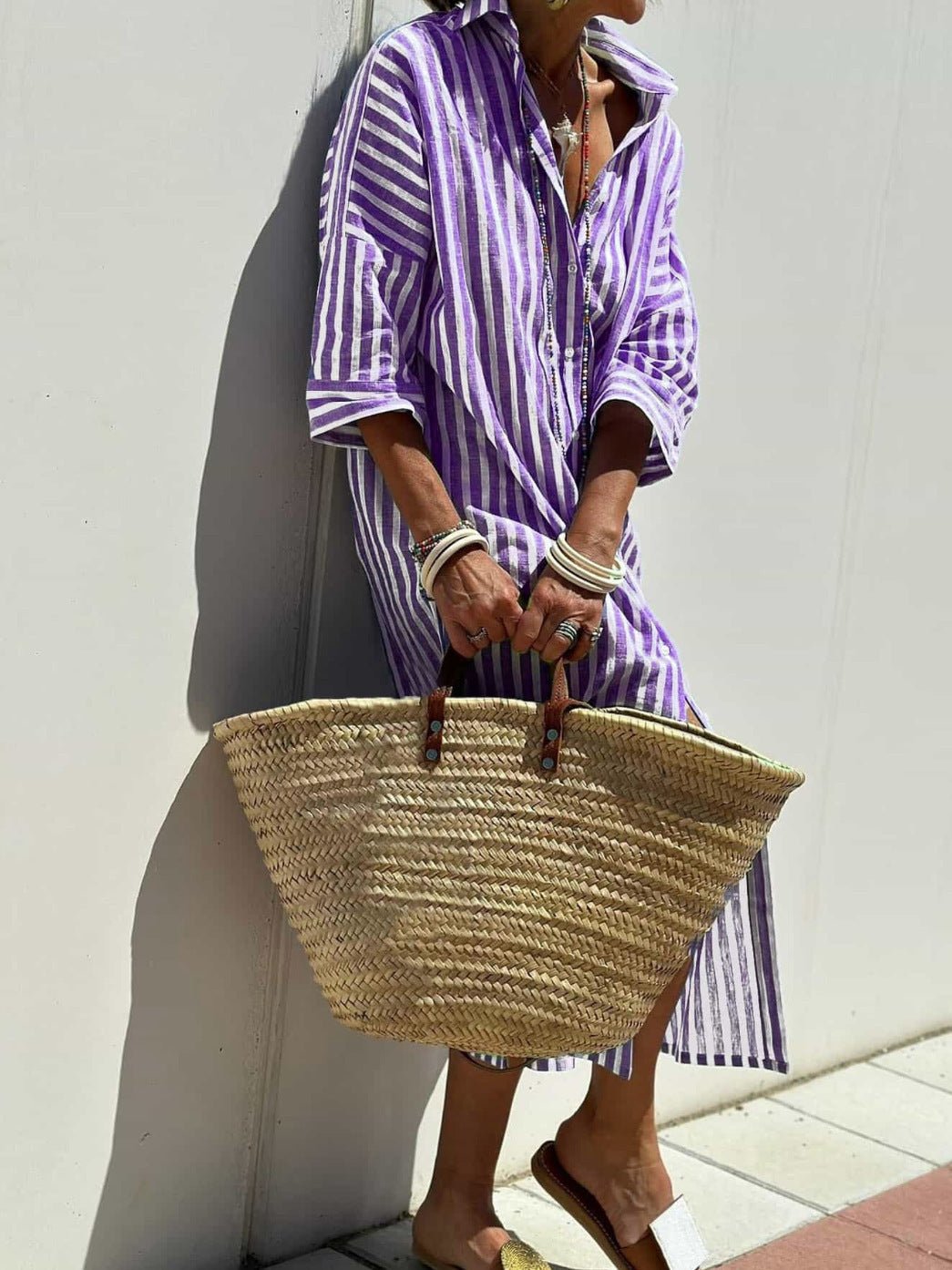 Striped Shirt Dress With Belt Fashion Half - sleeved Lapel Button Cardigan Dresses Women's Clothing - THREADLIGHT