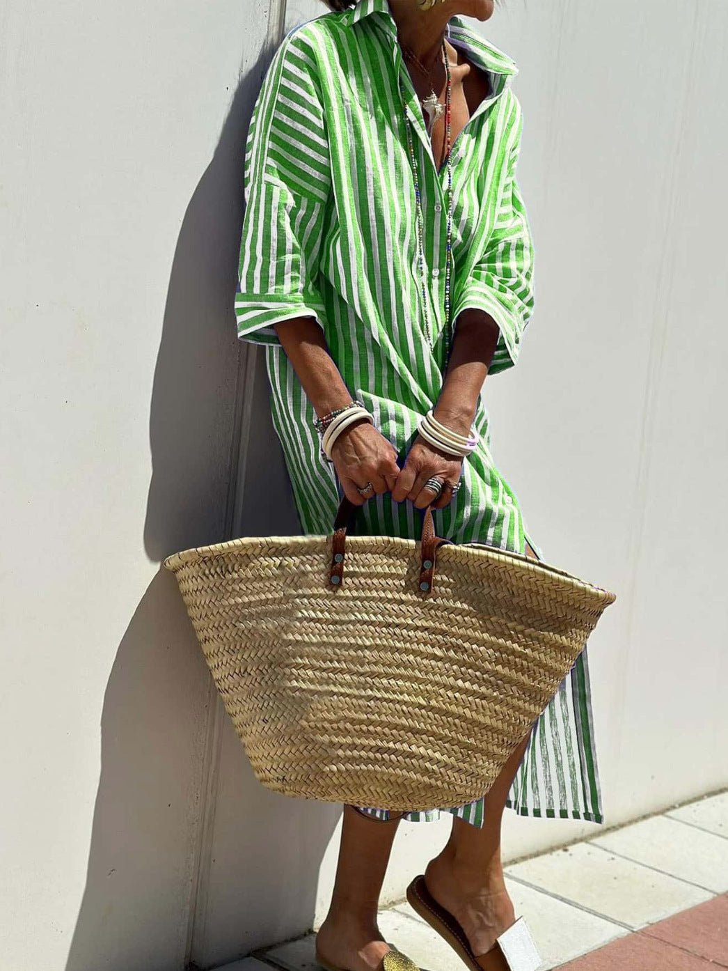 Striped Shirt Dress With Belt Fashion Half - sleeved Lapel Button Cardigan Dresses Women's Clothing - THREADLIGHT