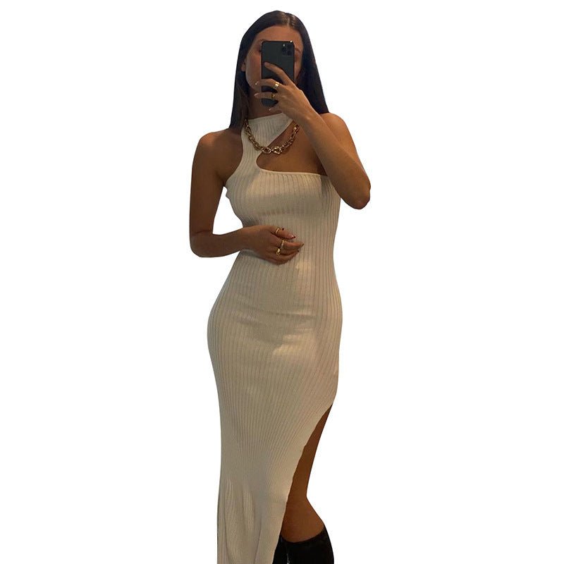 Summer New Style Solid Color Halterneck Irregular Ribbed Split Dress - THREADLIGHT