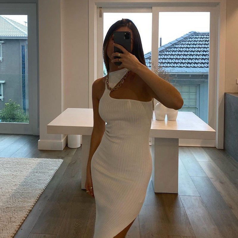 Summer New Style Solid Color Halterneck Irregular Ribbed Split Dress - THREADLIGHT