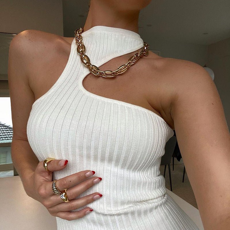 Summer New Style Solid Color Halterneck Irregular Ribbed Split Dress - THREADLIGHT