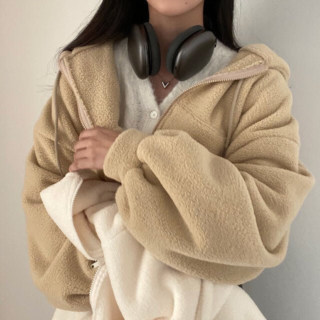 Thickened Warm Furry Jacket Short Zipper Hooded Coat For Women - THREADLIGHT