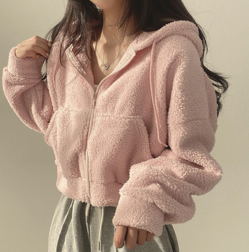Thickened Warm Furry Jacket Short Zipper Hooded Coat For Women - THREADLIGHT