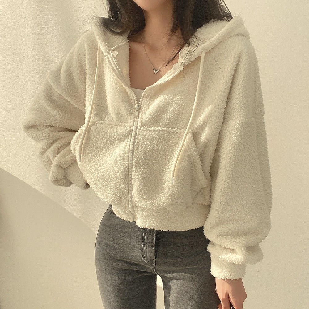 Thickened Warm Furry Jacket Short Zipper Hooded Coat For Women - THREADLIGHT