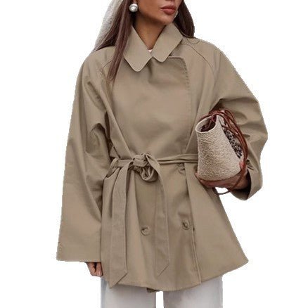 Trench Coat Women's Long Khaki Workwear Lace - up Long Sleeve Coat - THREADLIGHT