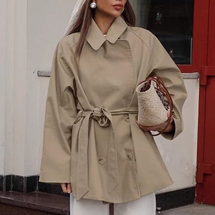 Trench Coat Women's Long Khaki Workwear Lace - up Long Sleeve Coat - THREADLIGHT