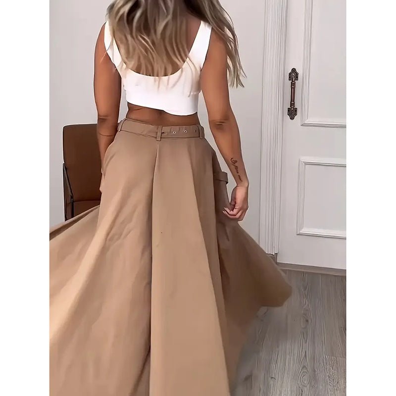 Women Two Piece Outfits Summer Cropped Vest Top High Waisted Slit Skirt Casual Matching Sets - THREADLIGHT