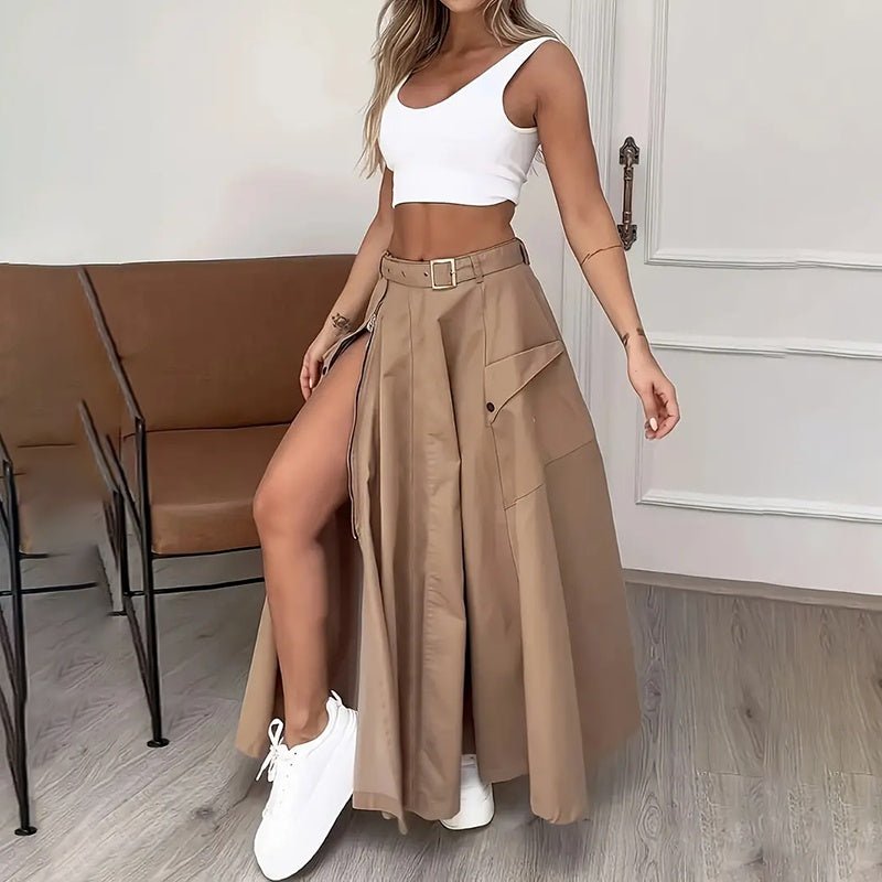 Women Two Piece Outfits Summer Cropped Vest Top High Waisted Slit Skirt Casual Matching Sets - THREADLIGHT
