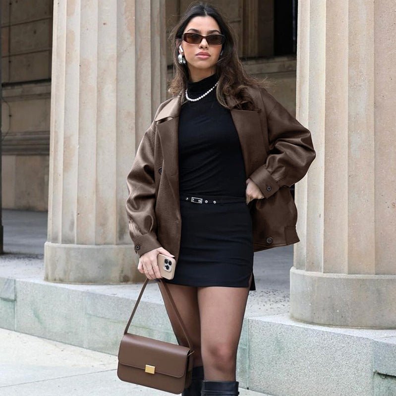 Women's Elegant Suit Collar Loose Leather Coat - THREADLIGHT