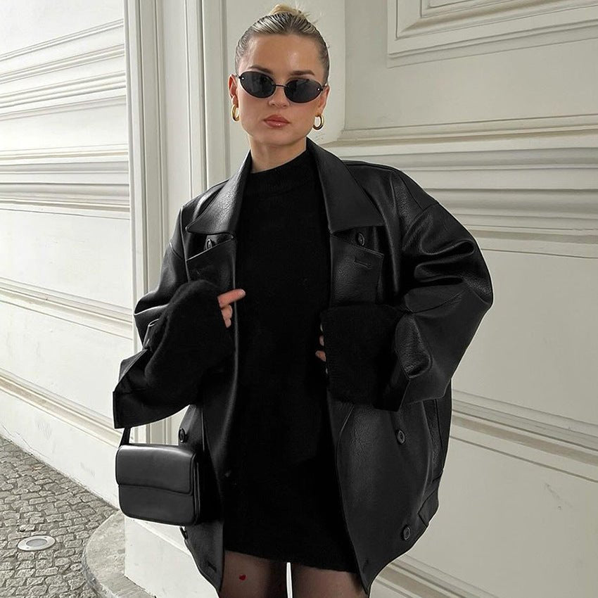 Women's Elegant Suit Collar Loose Leather Coat - THREADLIGHT