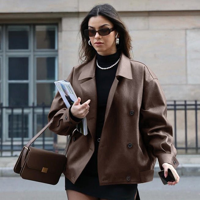 Women's Elegant Suit Collar Loose Leather Coat - THREADLIGHT