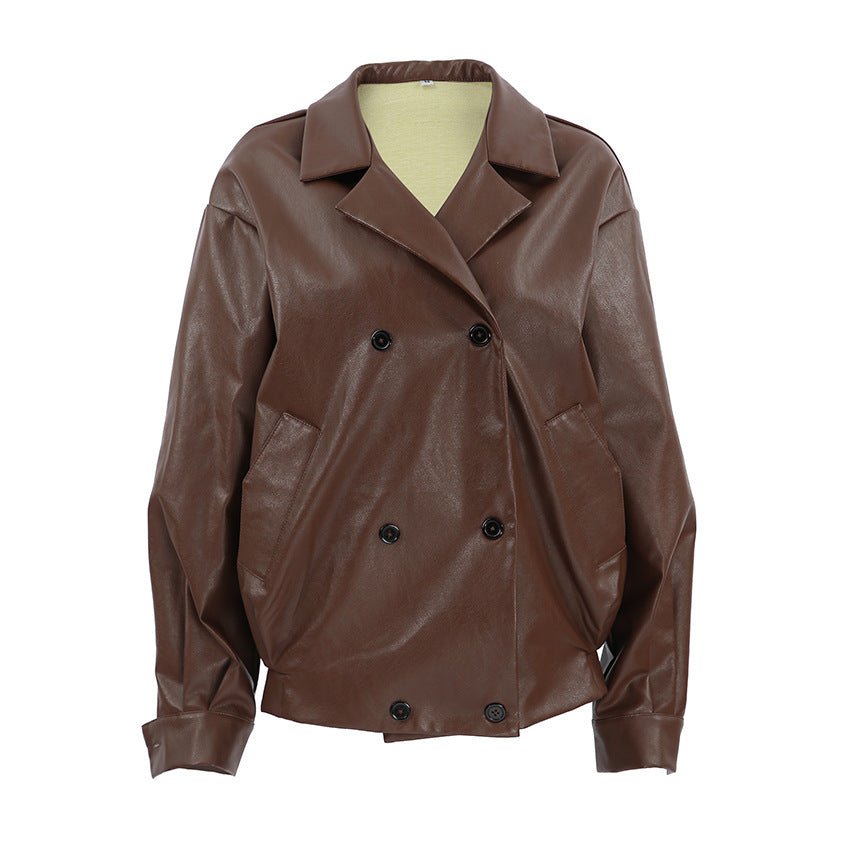 Women's Elegant Suit Collar Loose Leather Coat - THREADLIGHT