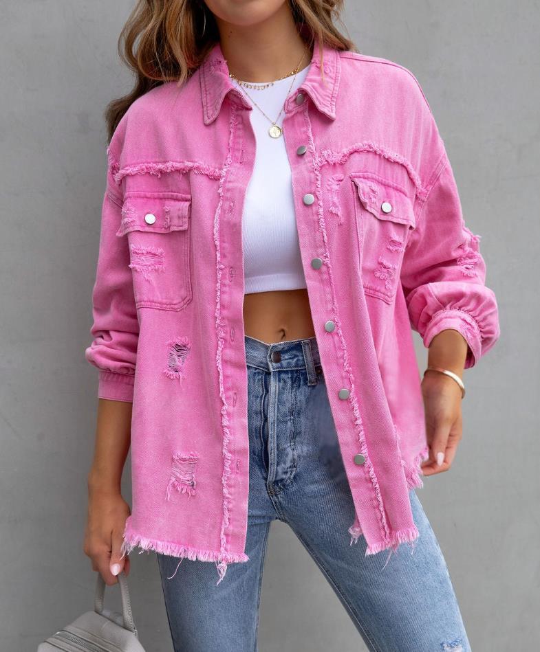 Women's Oversized Frayed Lightweight Denim Jacket - THREADLIGHT