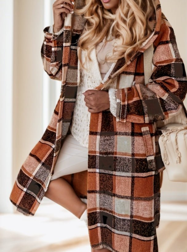 Women's Plaid Hooded Coat With Pocket Detail - THREADLIGHT