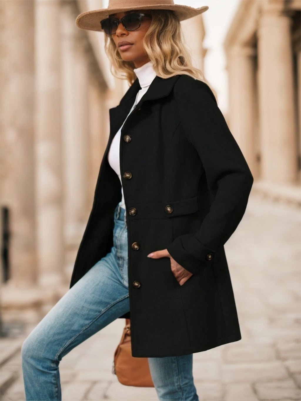 Women's Single - Breasted Solid Color Woolen Coat - THREADLIGHT