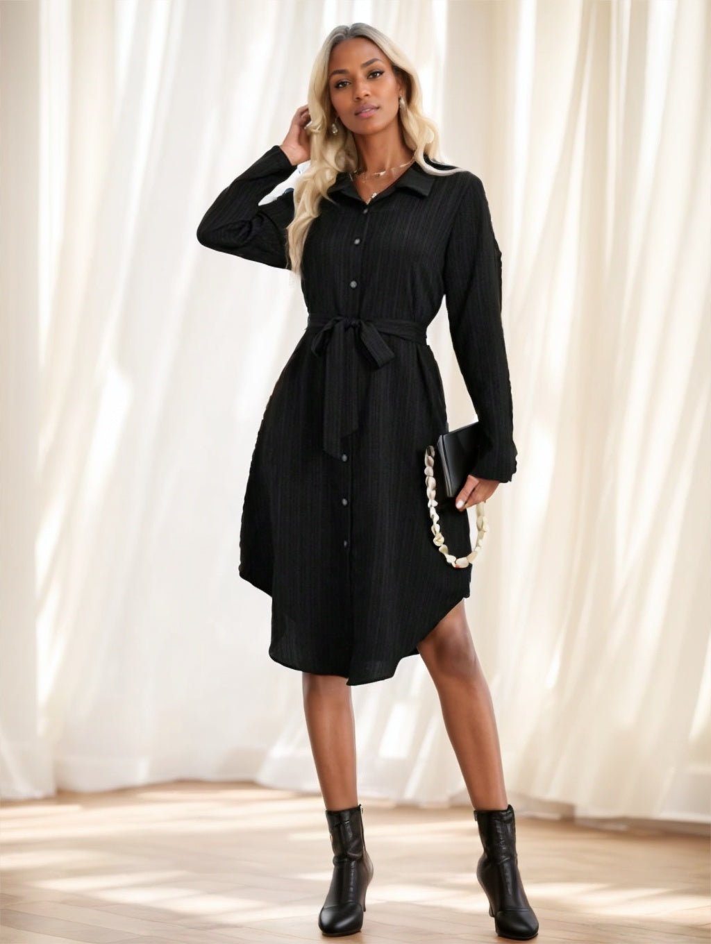 Women's Solid Color Long Sleeve Midi Dress Fall Women Dresses - THREADLIGHT